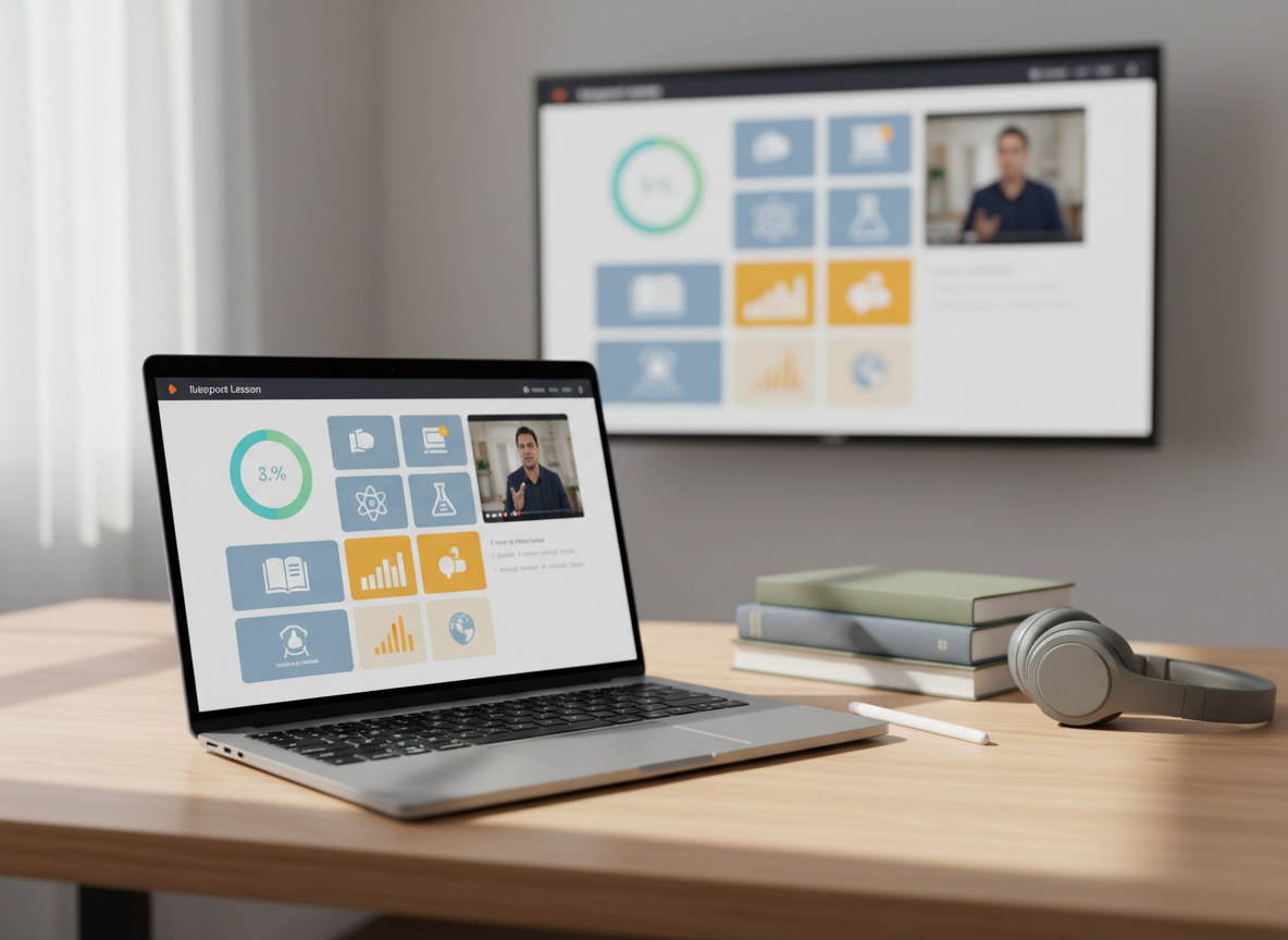 A sleek modern laptop with a thin silver chassis and high-resolution screen displays a clean digital lesson dashboard filled with colorful charts, icons, and a video player. The laptop rests on a light oak desk beside a neatly stacked set of textbooks, a digital stylus, and wireless headphones. In the background, a large wall-mounted monitor shows an expanded version of the lesson interface, softly out of focus. Late-morning natural light pours in from an unseen window to the left, casting gentle shadows and subtle reflections on the metallic surfaces. Photographic realism, eye-level composition with a shallow depth of field creates a calm, focused, professional atmosphere that reinforces effective digital teaching and learning.