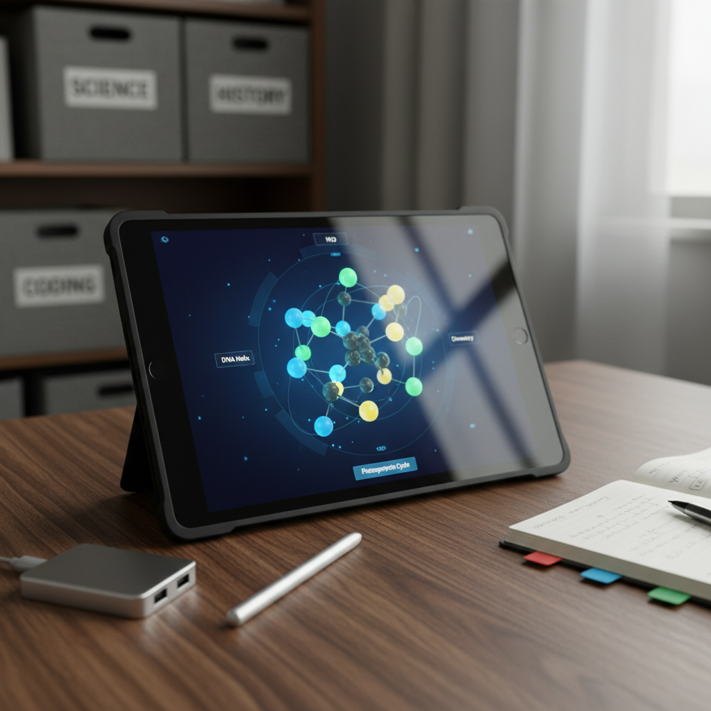 A sturdy tablet with a matte black frame lies flat on a dark walnut tabletop, displaying an interactive science simulation with vivid, glowing molecules orbiting in 3D space against a midnight-blue interface. Around the tablet are neatly arranged digital teaching tools: a Bluetooth stylus, a small USB‑C hub, and a slim notebook with color-coded tabs. The background reveals a blurred bookshelf filled with labeled storage boxes for different subjects. Soft, overcast window light illuminates the scene from above and to the right, creating a calm, low-contrast photographic realism look, with subtle reflections on the tablet glass. Captured from a close, slightly oblique angle with shallow depth of field, the mood is focused and exploratory, highlighting hands-on digital learning.