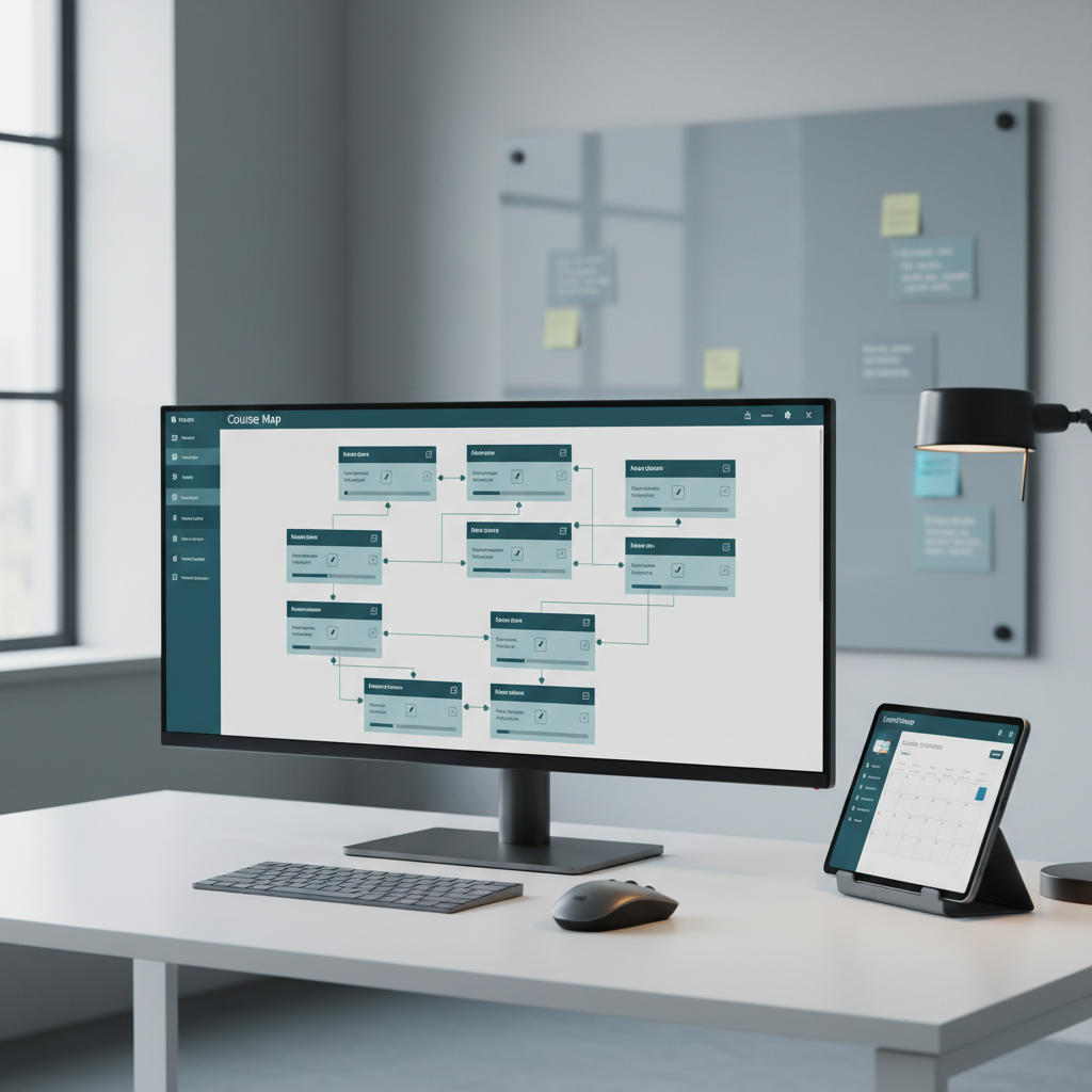 A spacious, minimalist workspace featuring a wide ultra‑wide monitor displaying a complex digital course map with modules, progress bars, and assessment icons in muted blues and teals. The monitor sits on a clean white desk with a compact wireless keyboard, ergonomic mouse, and a tablet propped up to the side showing a companion lesson planning app. Sticky notes with neatly typed digital teaching objectives cling to a matte glass board in the soft-focus background. Cool, diffused daylight from a large side window balances with subtle warm desk-lamp light, creating a neutral, professional mood. Shot from a slightly elevated angle in photographic realism, with sharp focus on the screens and soft bokeh behind, emphasizing organized strategy in digital instruction.