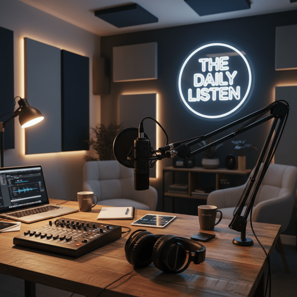 Professional podcast studio with audio equipment and a neon sign reading THE DAILY LISTEN.