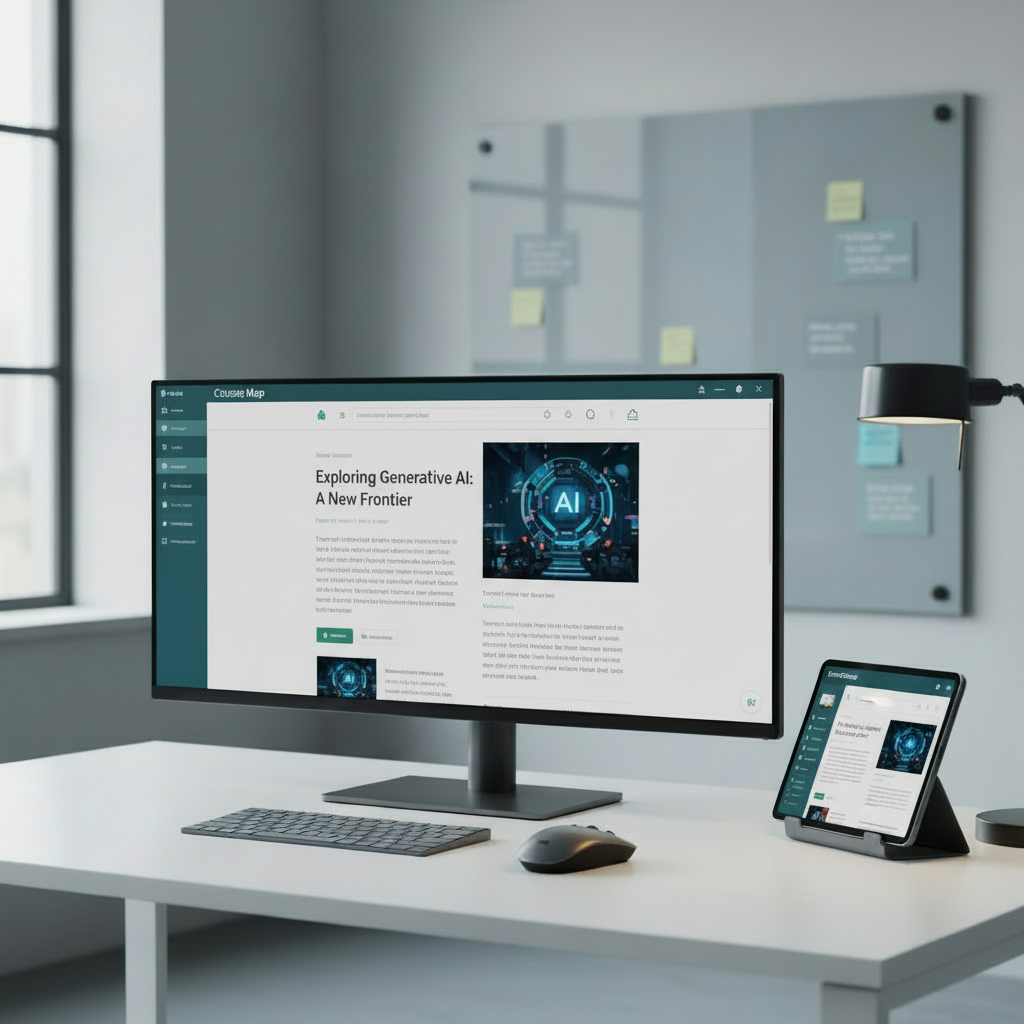 A spacious, minimalist workspace featuring a wide ultra‑wide monitor displaying a complex digital course map with modules, progress bars, and assessment icons in muted blues and teals. The monitor sits on a clean white desk with a compact wireless keyboard, ergonomic mouse, and a tablet propped up to the side showing a companion lesson planning app. Sticky notes with neatly typed digital teaching objectives cling to a matte glass board in the soft-focus background. Cool, diffused daylight from a large side window balances with subtle warm desk-lamp light, creating a neutral, professional mood. Shot from a slightly elevated angle in photographic realism, with sharp focus on the screens and soft bokeh behind, emphasizing organized strategy in digital instruction.