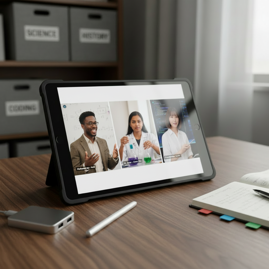A sturdy tablet with a matte black frame lies flat on a dark walnut tabletop, displaying an interactive science simulation with vivid, glowing molecules orbiting in 3D space against a midnight-blue interface. Around the tablet are neatly arranged digital teaching tools: a Bluetooth stylus, a small USB‑C hub, and a slim notebook with color-coded tabs. The background reveals a blurred bookshelf filled with labeled storage boxes for different subjects. Soft, overcast window light illuminates the scene from above and to the right, creating a calm, low-contrast photographic realism look, with subtle reflections on the tablet glass. Captured from a close, slightly oblique angle with shallow depth of field, the mood is focused and exploratory, highlighting hands-on digital learning.