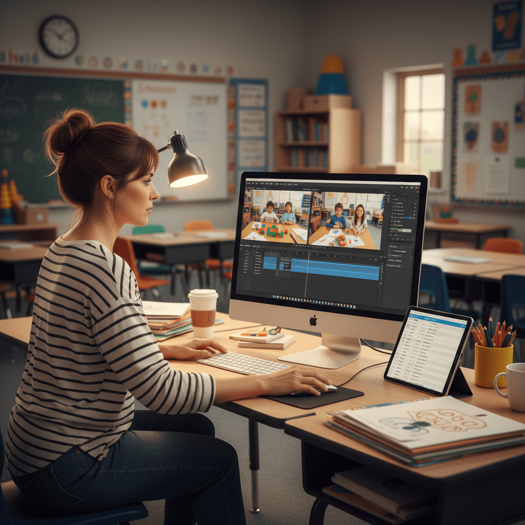 Teacher editing classroom videos on computer